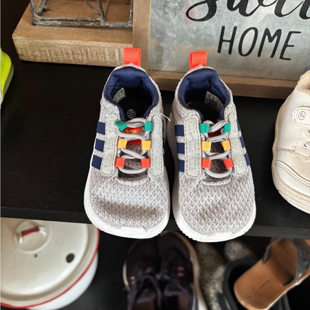 Like new adidas toddlerGray and Blue Sneakers with Soft Soles and Velcro Closure